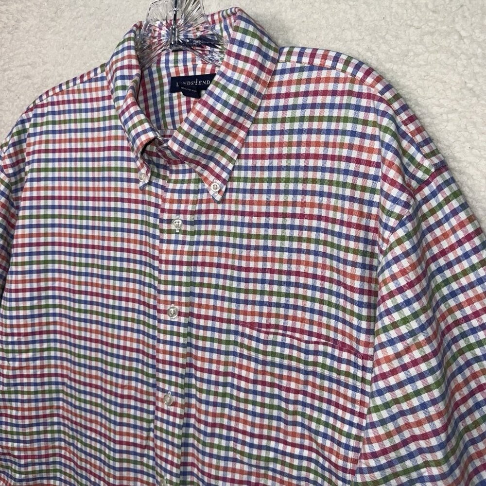 Lands End 17-36 Tall Mens Oxford Shirt Plaid Colorful Long Sleeve Button Down
